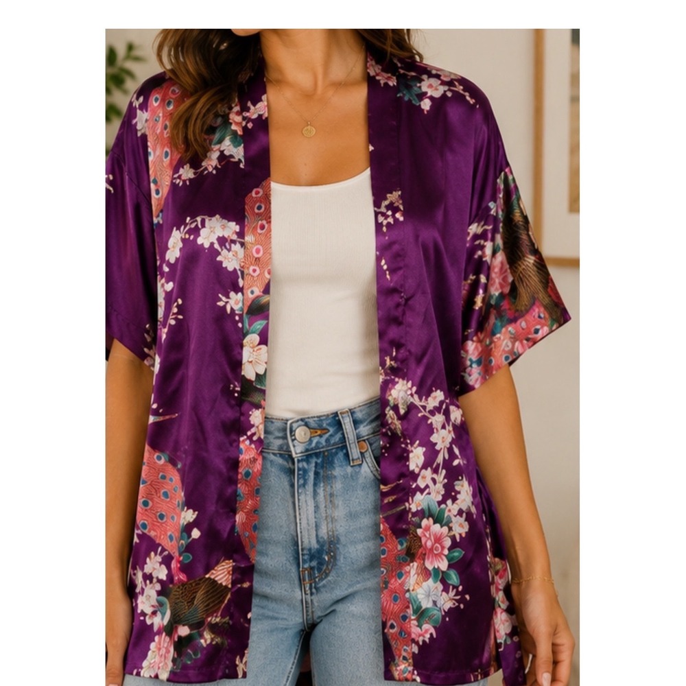 Meiyesida Purple Satin Peacock Floral Kimono Robe Size 10 Asian Style Loungewear